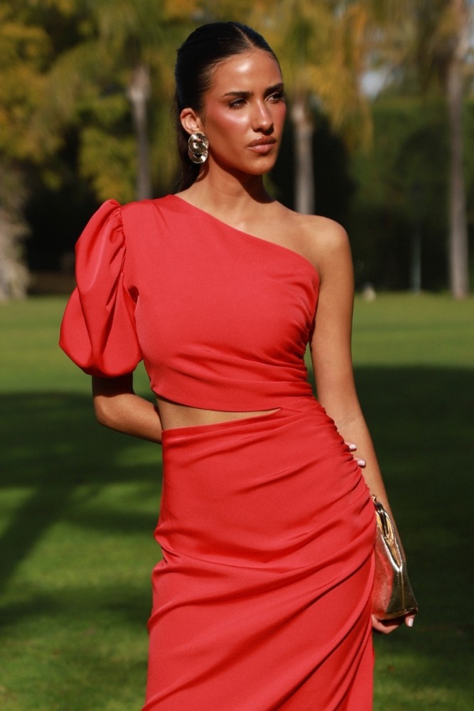 Vestido Leila rojo asimétrico cut-out 2